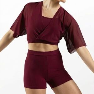 Balera Dancewear Kids Black Cherry Flutter Sleeve Crop Top and Shorts Set CS